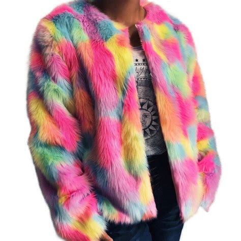 New Winter Fashion Casual Rainbow Colorful Fur Jacket Coat Female