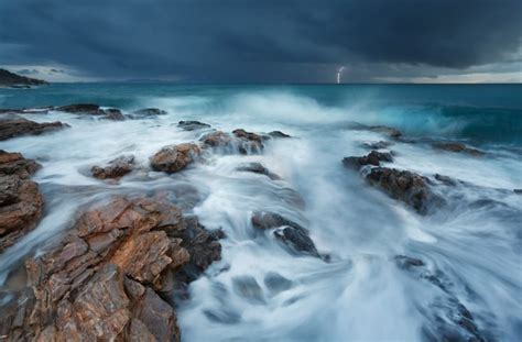 Nature Landscape Clouds Water Sea Storm Lightning Rock Waves