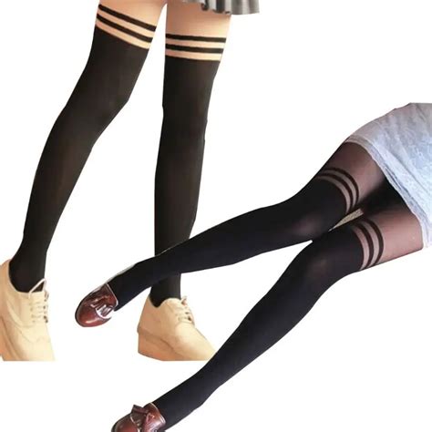 women girls double striped printed hosiery pantyhose patchwork sexy fake stockings tattoo