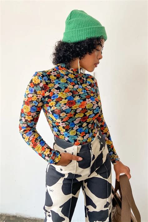 Printed Mesh Turtleneck Multicolor Floral Lisa Says Gah Fashion