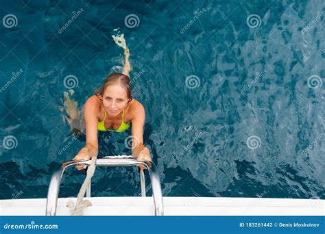 Happy Girl In Bikini Climb Aboard After Swimming Stock Photo Image Of