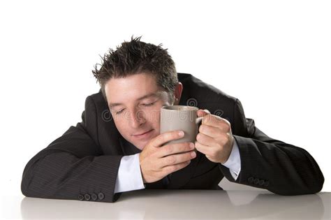Sleepy Addict Businessman Holding Take Away Coffee In Caffeine