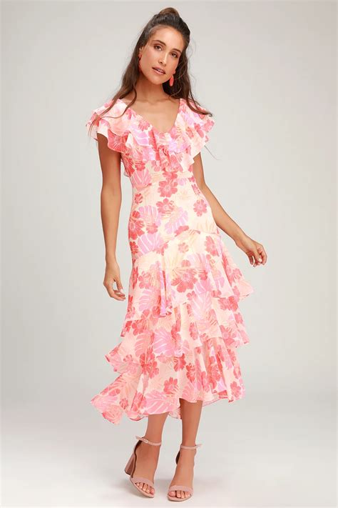 Alison Pink Multi Floral Print Ruffled Midi Dress Midi Ruffle Dress Chiffon Midi Dress Midi