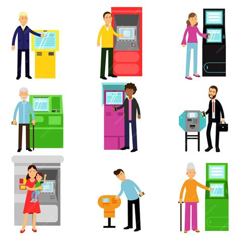 Premium Vector People Using Atm Terminal Set Man And Woman Doing Atm