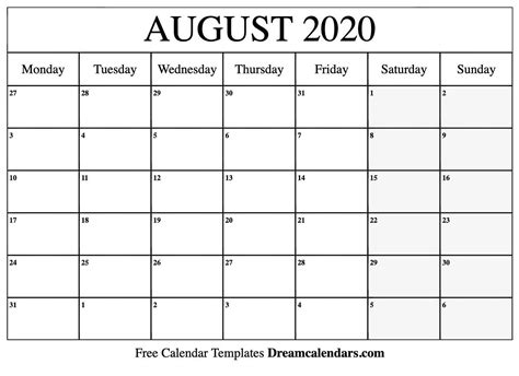 Printable August 2020 Calendar Templates By Helena Orstem Medium