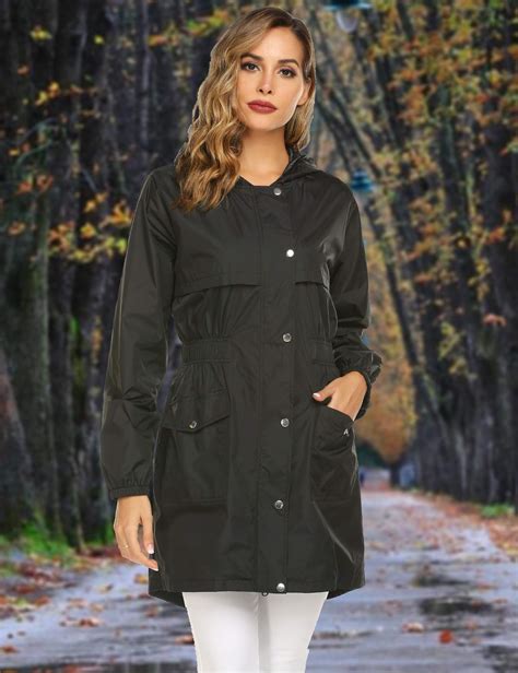 Womens Rain Coat Hooded Long Lightweight Rain Jacket