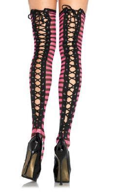 Pink And Black Striped Lace Up Stalkings Wow Thigh High Stockings