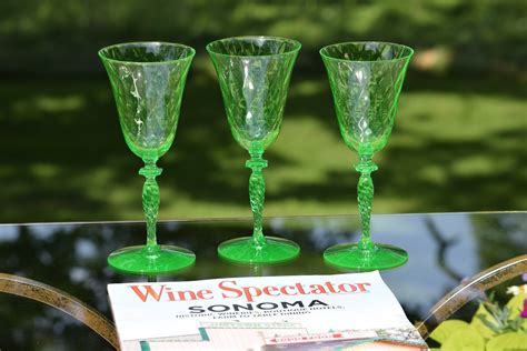 Vintage Green Diamond Optic Wine Glasses Set Of 3 Green Vaseline Wine Glasses Green