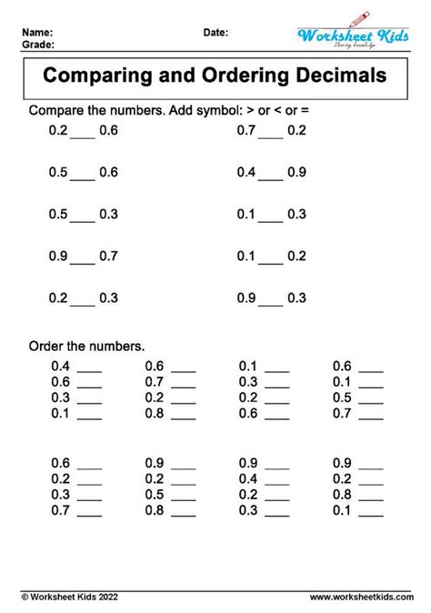 Comparing And Ordering Decimal Worksheets For Grade 4 And 5