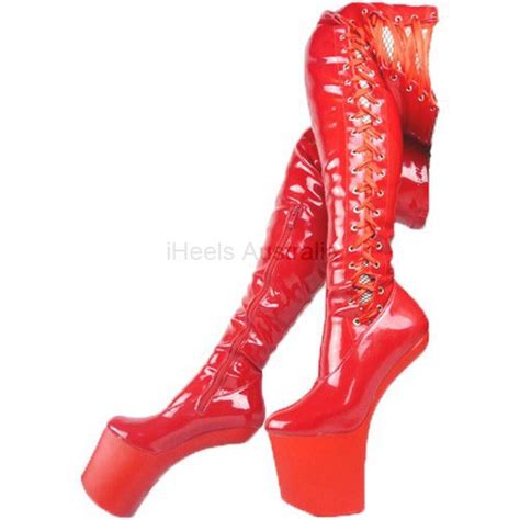 heelless platform boots thigh high lace up black red iheels au