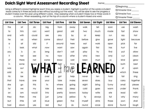 Dolch Sight Word List Assessment Popflyboys