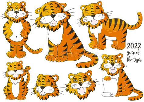 Symbol Of Faces Of Tigers Set Of Tigers In Hand Draw Style New