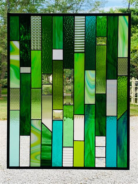 Honeydewglass Large Green Geometric Stained Glass Panel 22 75 X 29 75
