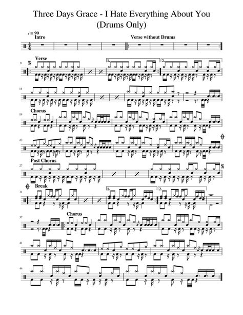 three days grace i hate everything about you drums only sheet music for drum group solo