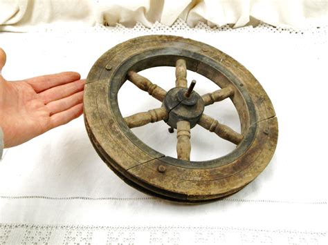 Small Antique French Wooden 2 Rope Pulley Wheel Rustic Primitive