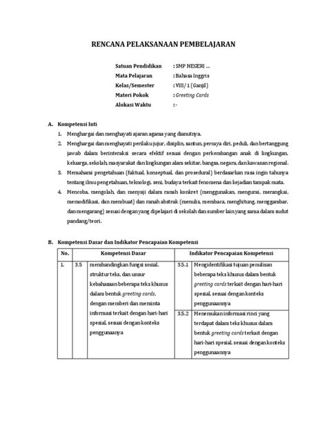 Demikian contoh administrasi guru yang berupa silabus, rpp, program semester (promes) dan program tahunan (prota) untuk kelas 7, 8 dan 9 smp/mts. Contoh Rpp Bahasa Inggris Kelas 8 Daring - GURU SD SMP SMA