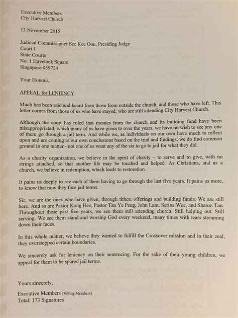 Sample letter asking judge for leniency for a first time offense. City Harvest trial: Kong Hee sentenced to 8 years in ...