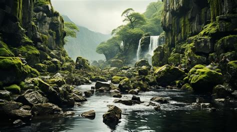 Premium Ai Image Waterfall Landscape With Rocks Covered In Green Moss