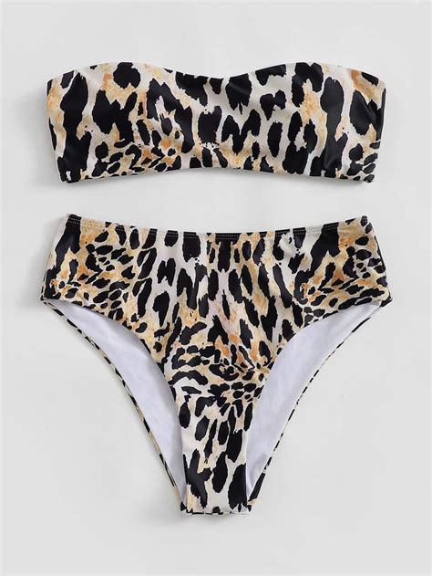 leopard swimsuit bandeau top with high waist bikini bottom high waisted bikini bottoms