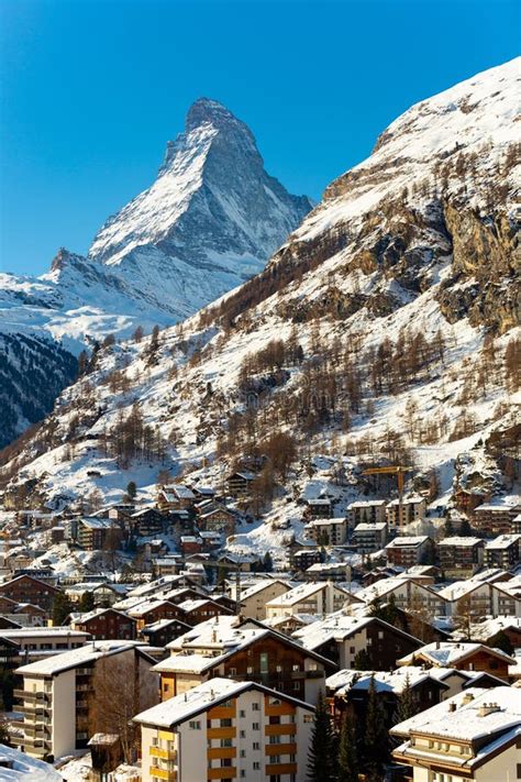 World Famous Mountain Peak Matterhorn Above Zermatt Town Switzerland
