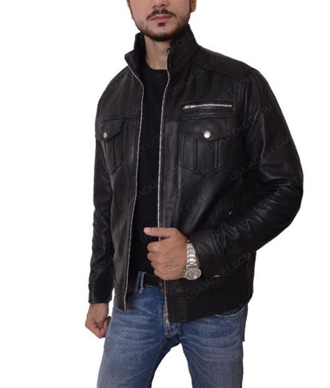 Mens Casual Slimfit Style Button Pockets Black Leather Jacket
