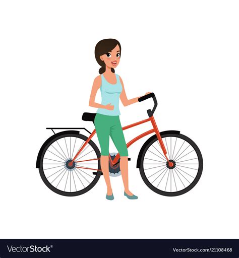 Beautiful Woman Standing Next To Her Bicycle Vector Image
