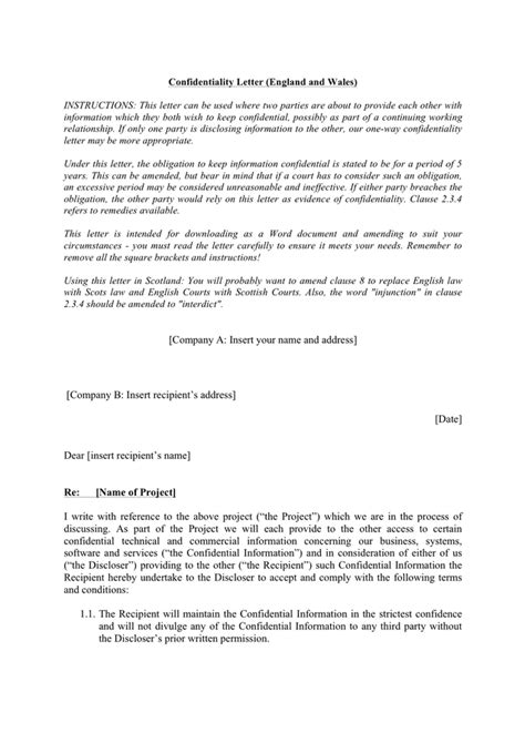 Confidentiality Letter Sample Great Britain In Word And Pdf Formats