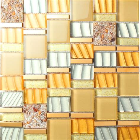 Crystal Glass Mosaic Tile Resin With Conch Tiles Gold Stainless Steel
