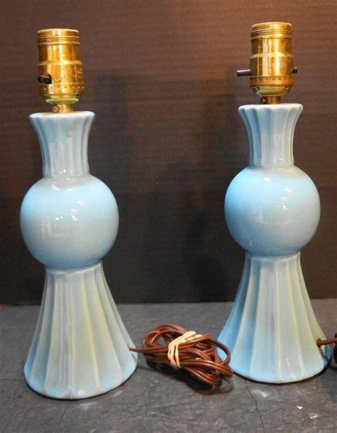 Turquoise Blue Glazed Pottery Lamps Pair Ribbed Ball Hoosier Collectibles Ruby Lane