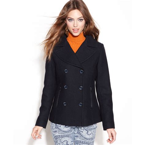 Lyst Guess Coat Double Breasted Textured Pea Coat In Blue