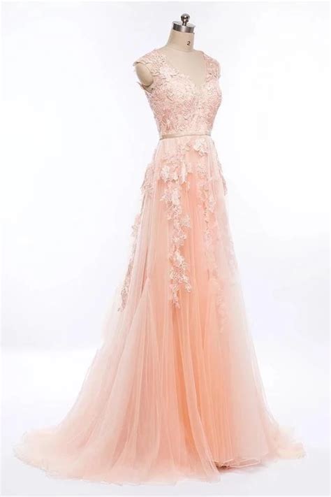 Fashion Light Pink Lace Appliques Tulle Long Prom Dresses Formal