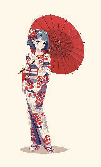 Anime Manga Filles En Costume De Kimono Japonais Traditionnel Tenant Un