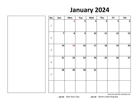 Printable January 2024 Calendar Box And Lines For Notes Free
