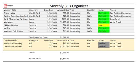 Every time you get one. Printable Monthly Bill Organizer for Excel - Free PDF log ...