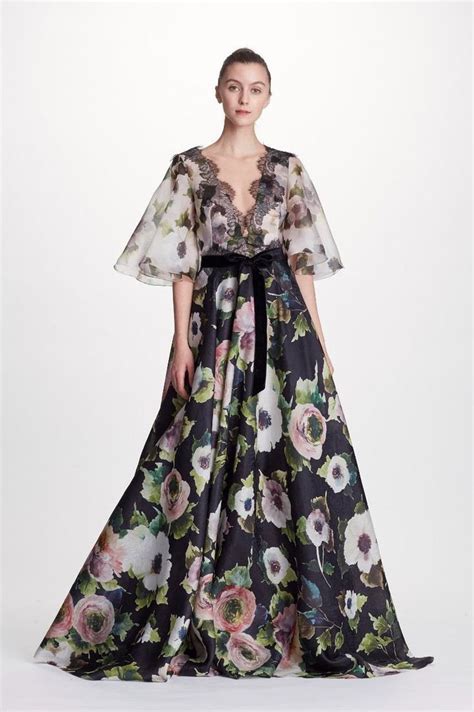 Marchesa Couture Black Floral Printed Moire Evening Gown Marchesa