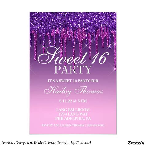 Invite Purple And Pink Glitter Drip Sweet Sixteen Sweet