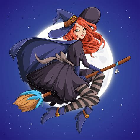 Halloween Beautiful Witch Redhead Woman With Hat On Flying Broom