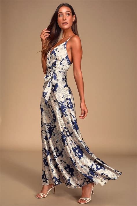 Tea Gardens Navy Blue Floral Print Satin Maxi Dress Maxi Dress