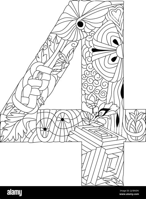 Four Number Isolated Zentangle Illustration For Coloring Stock Vector