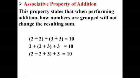 Then even if we group the numbers in addition procedures such as 2 + (5 + 6) or (2 + 5) + 6, in both the ways the result will be the same. Associative Property of Addition - YouTube