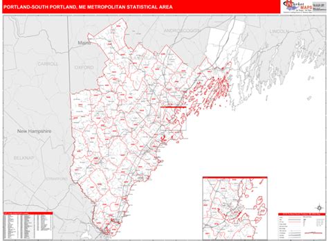 Portland South Portland Me Metro Area Wall Map Red Line Style By