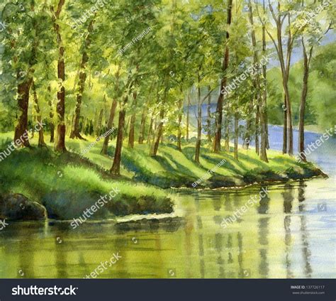 Spring Trees With Reflection Watercolor Painting With The Reflections