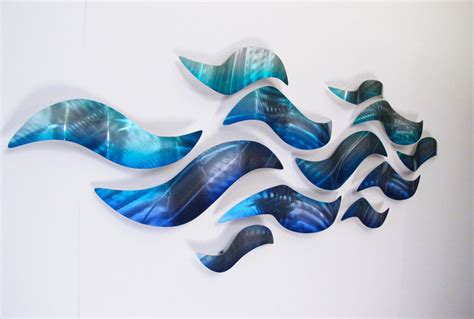 Large Metal Wall Sculpture Blue Wave Tropical Design Modern Etsy