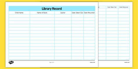 Library Book Return Record Books Libraries Recording Sheet
