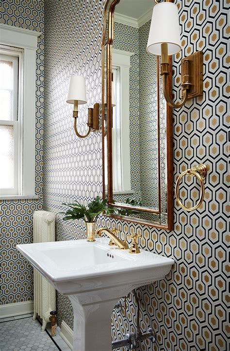 Small Bathroom With A Lot Of Pattern On Wall Wallpaper Gold Mirror