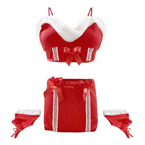 Women's Cute Santa Christmas Lingerie Set With Garter Belts Lace Teddy