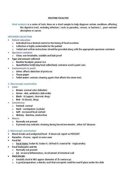 Fecalysis Examination Notes Human Feces Feces