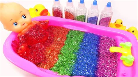 Baby Doll Bath Time Learn Colors With Rainbow Glitter Slime Shower Bath
