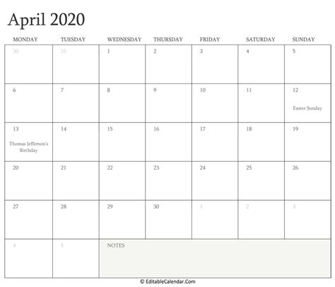April 2020 Editable Calendar With Holidays