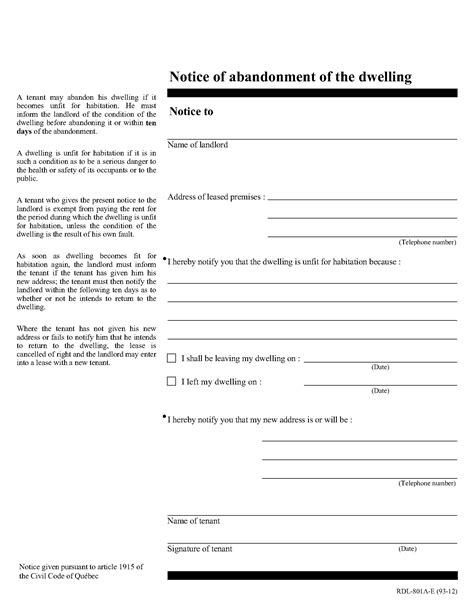 Failure to vacate on the date indicated will result in a $20 per diem charge and assessment of daily rent. Quebec Notice of Abandonment of Dwelling | Legal Forms and ...